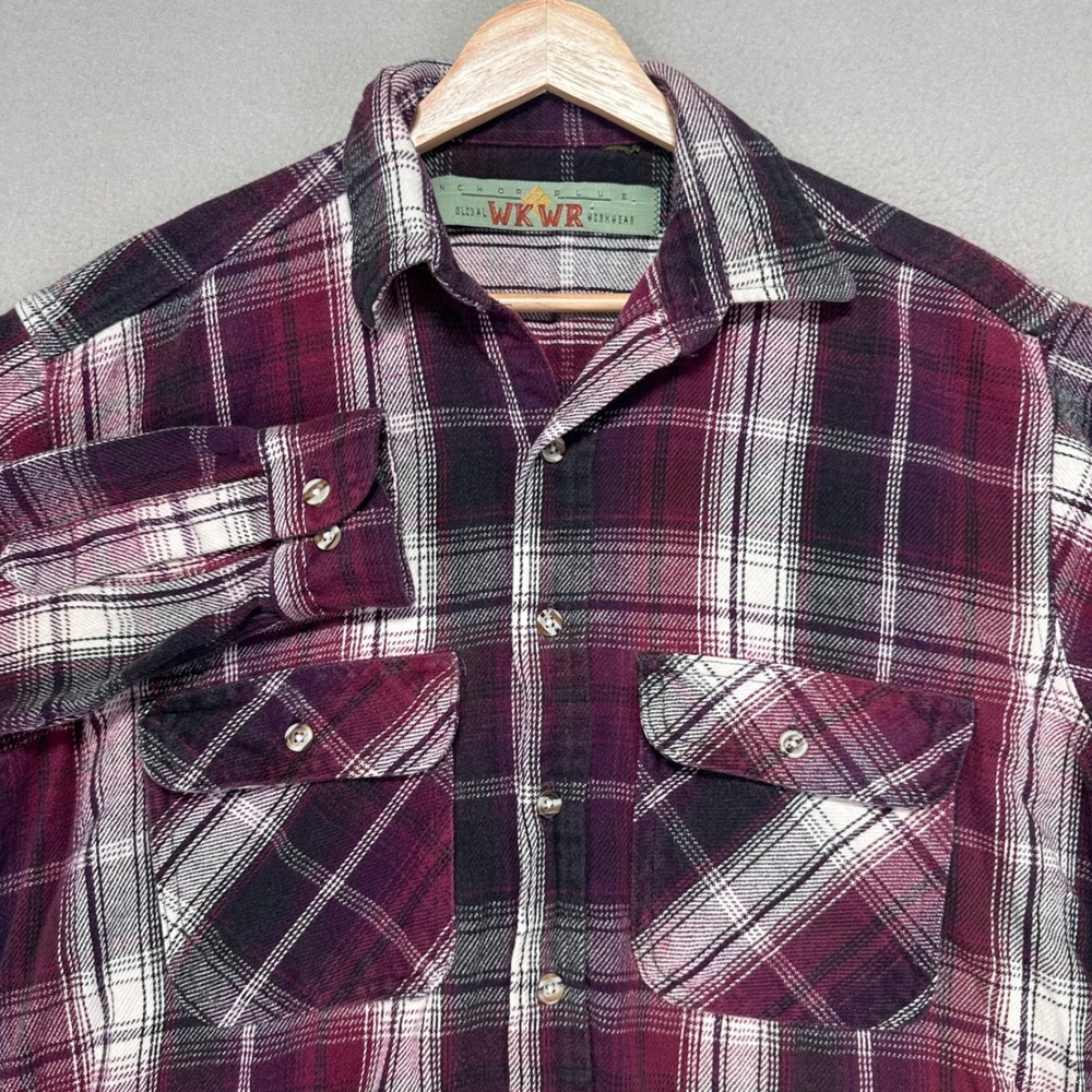 Vintage Anchor Blue Workwear Flannel‎ Shirt Mens Red Plaid L Button Up